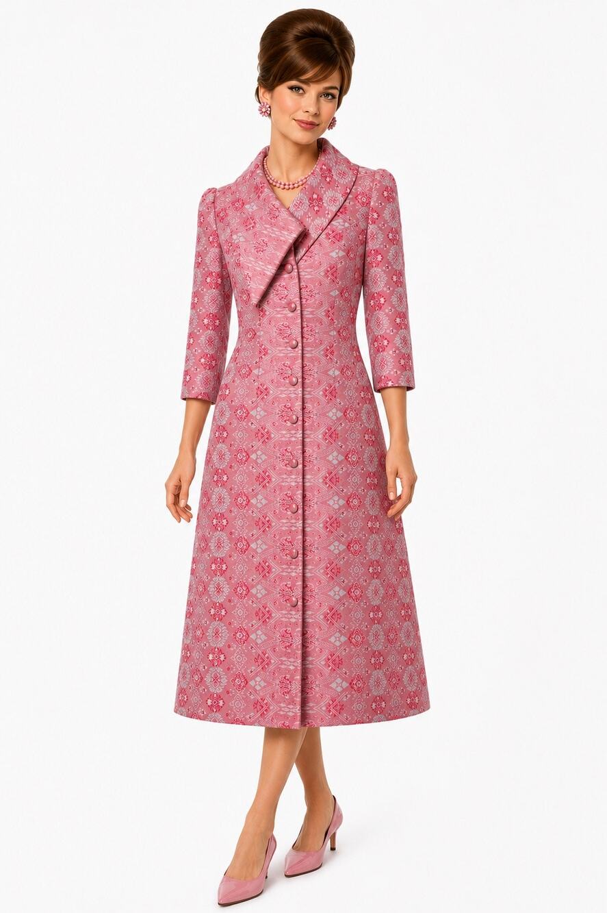 Vintage ‘60s Pink Brocade Geometric Print 3/4 Sleeve Button Front Midi Coatdress